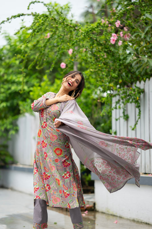 Blush Grey Floral Kurta Set