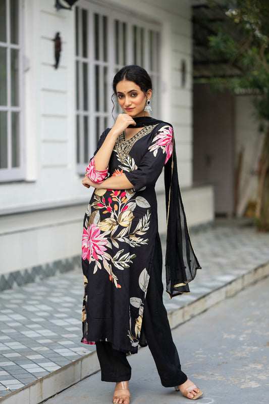 Midnight Bloom Embroidered Suit Set