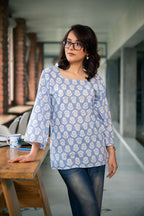 Aasma Sky Blue Floral Short Kurta