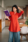 The Solenne Vermilion Button-Detail Kurta