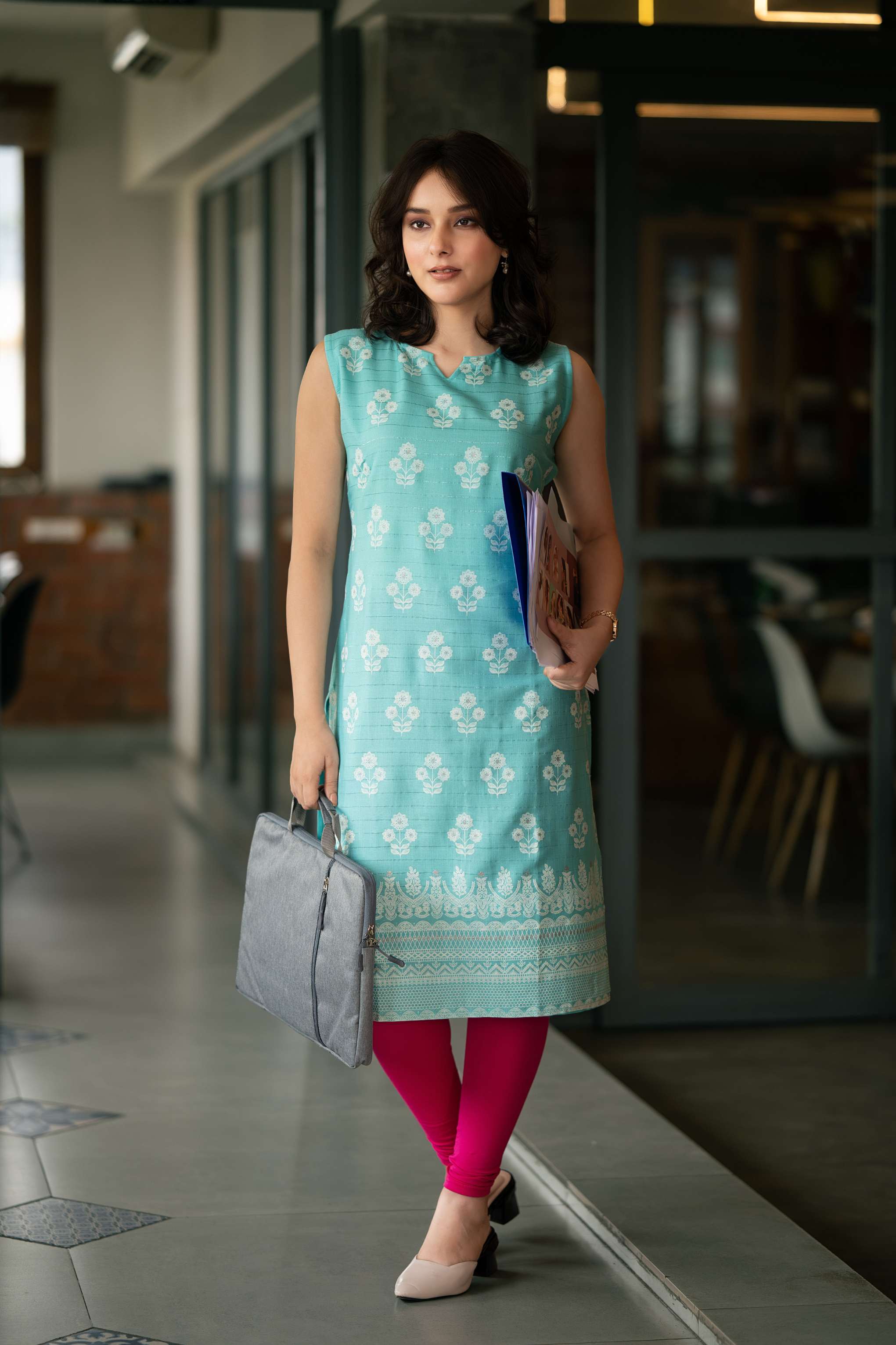The Nerissa Aquamarine Botanical Kurta