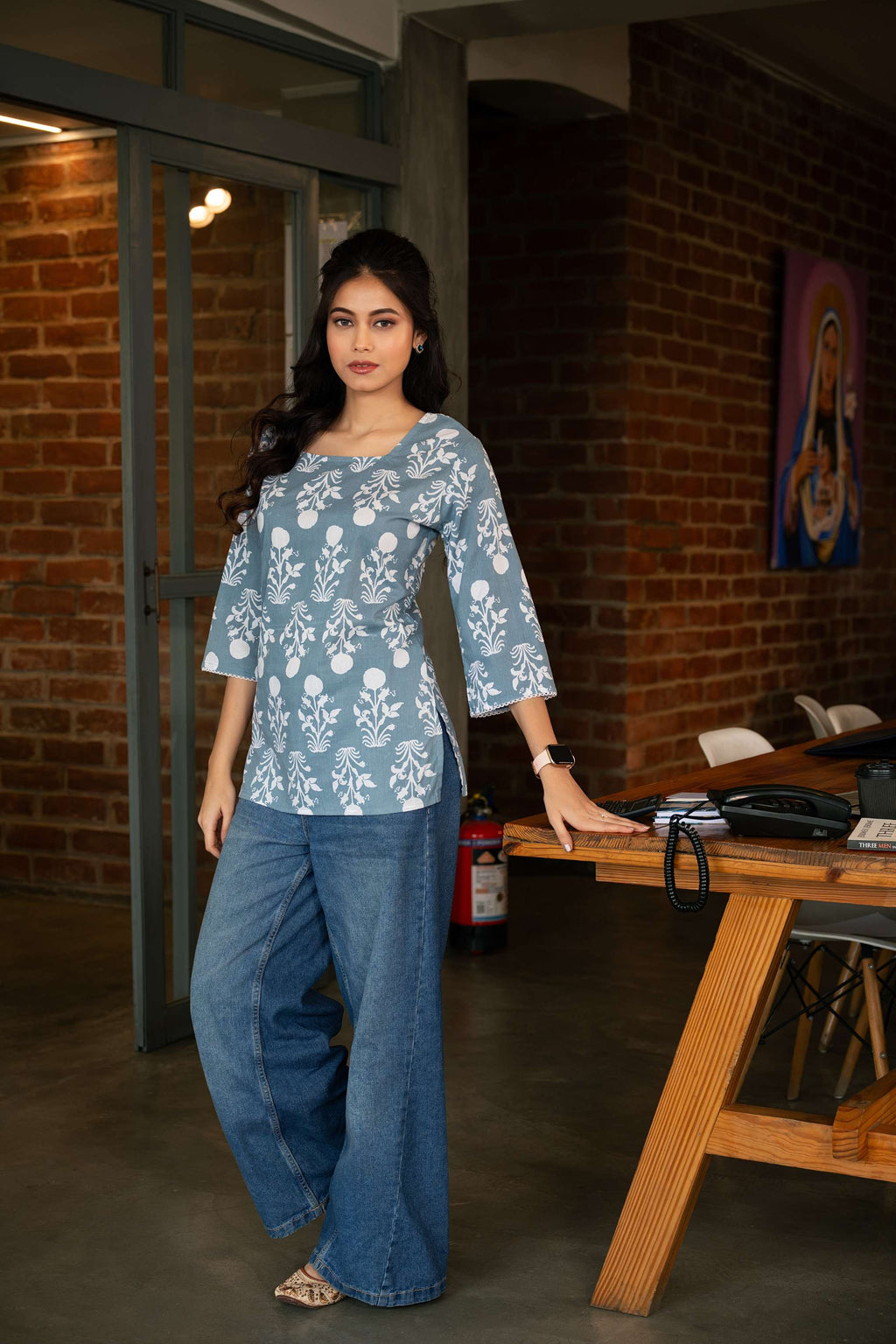 The Marielle Dusty Blue Botanical Kurta