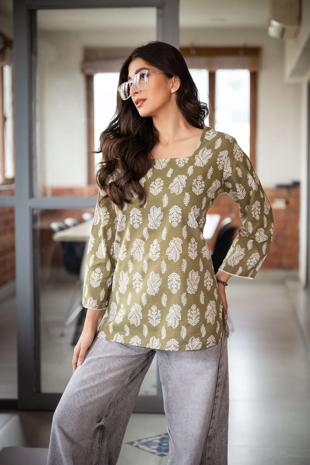Vanya Olive Block Print Short Kurta