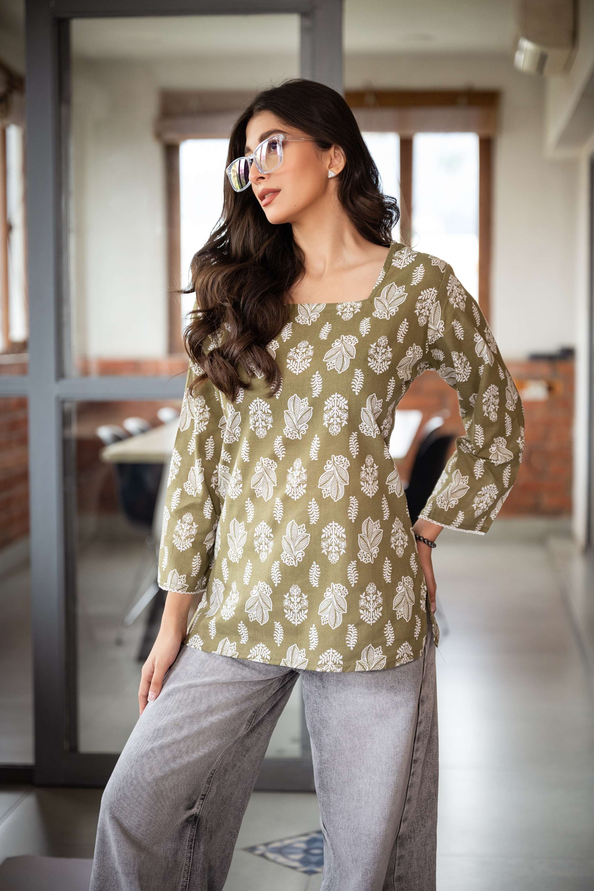 Vanya Olive Block Print Short Kurta
